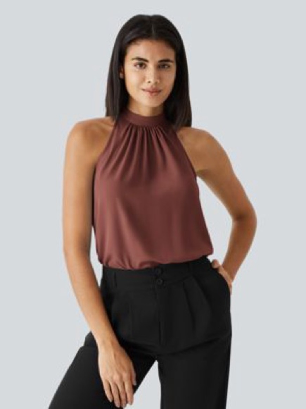HALARA Mauve Brown High-Neck Sleeveless Blouson Top - Picture 4 of 5